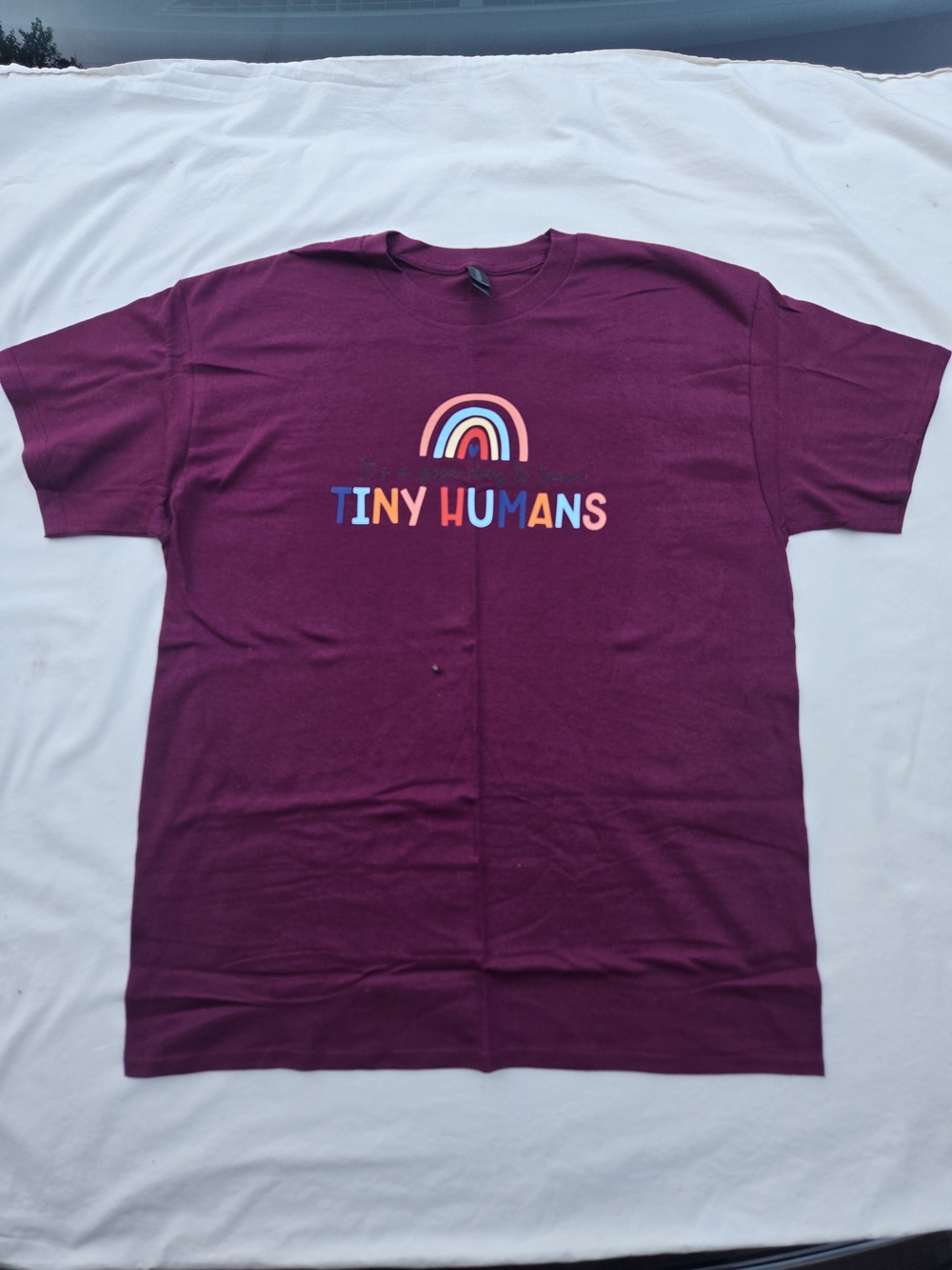 Gildan Burgundy Kids Tee with Multicolor Rainbow "TINY HUMANS" Graphic